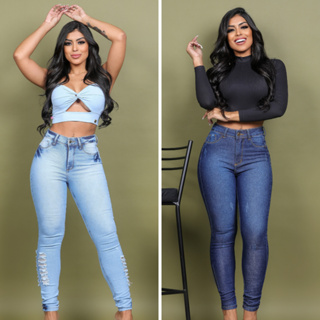 Calça Jeans Feminina Com Lycra Cós Alto Skinny Levanta Bumbum Com Bordado No Bolso