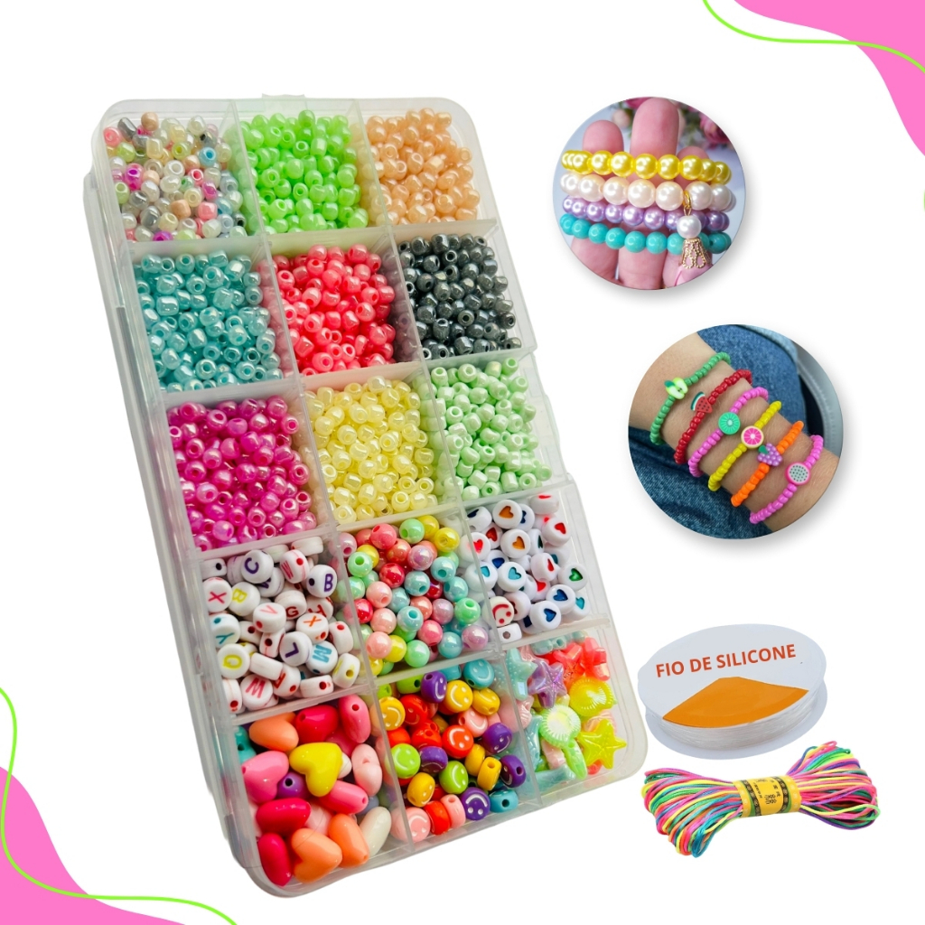 Kit Miçangas Infantil 2.500 Peças + Maleta e fio de silicone para ...