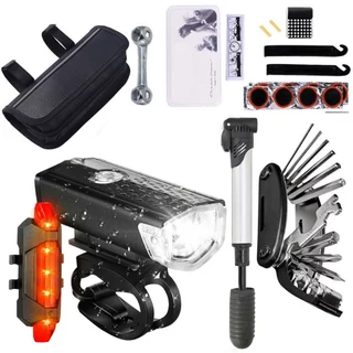 Farol Bike Luz Led Usb 300 Lumens + Sinalizador Traseira Recarregável + Estojo de Ferramentas Para Bicicleta Bike Ciclismo Chaves Multiuso Bomba De Inflar Pneu Remendo