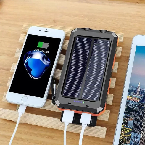 Carregador solar power bank 20000mah portátil bateria externa 5v carregamento super rápido. Possui lanterna no painel de carregamento