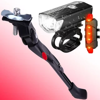 Pezinho Descanso Central 20 até 29 + Farol Bike Luz Led Usb Recarregável Ciclismo 300 Lumens + Sinalizador Traseira