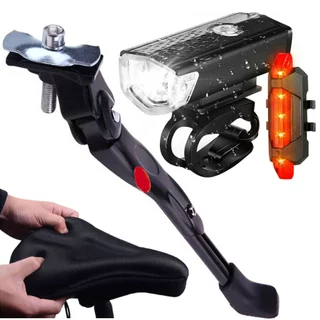 Pezinho Descanso Central 20 até 29 + Farol Bike Luz Led Usb Recarregável Ciclismo 300 Lumens Sinalizador Traseira + Capa de Banco Selim Silicone Gel Flexível