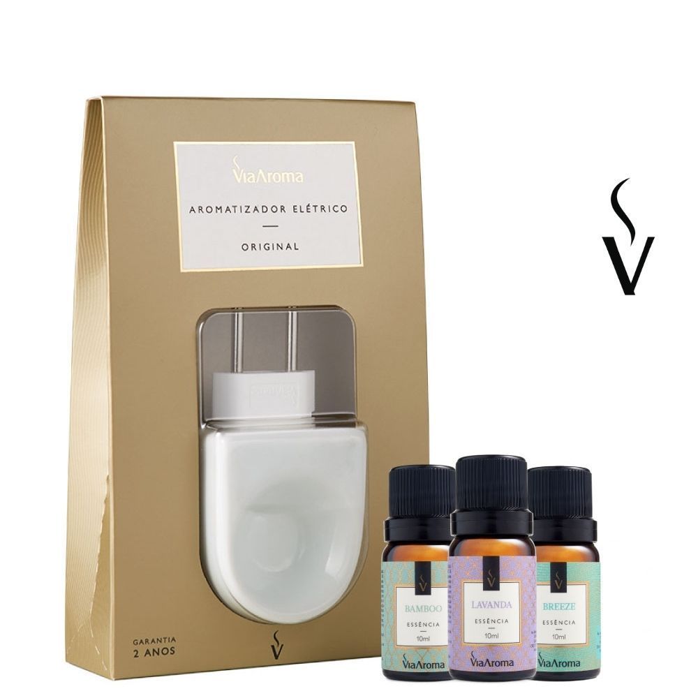 Kit Difusor Aromatizador Elétrico Porcelana com 3 Essências (Bamboo, Lavanda, Breeze) - Via Aroma