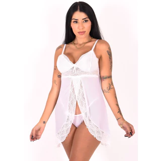 Camisola com abertura frontal com calcinha Lingerie Linha Noite Sem Bojo com Renda e Babado