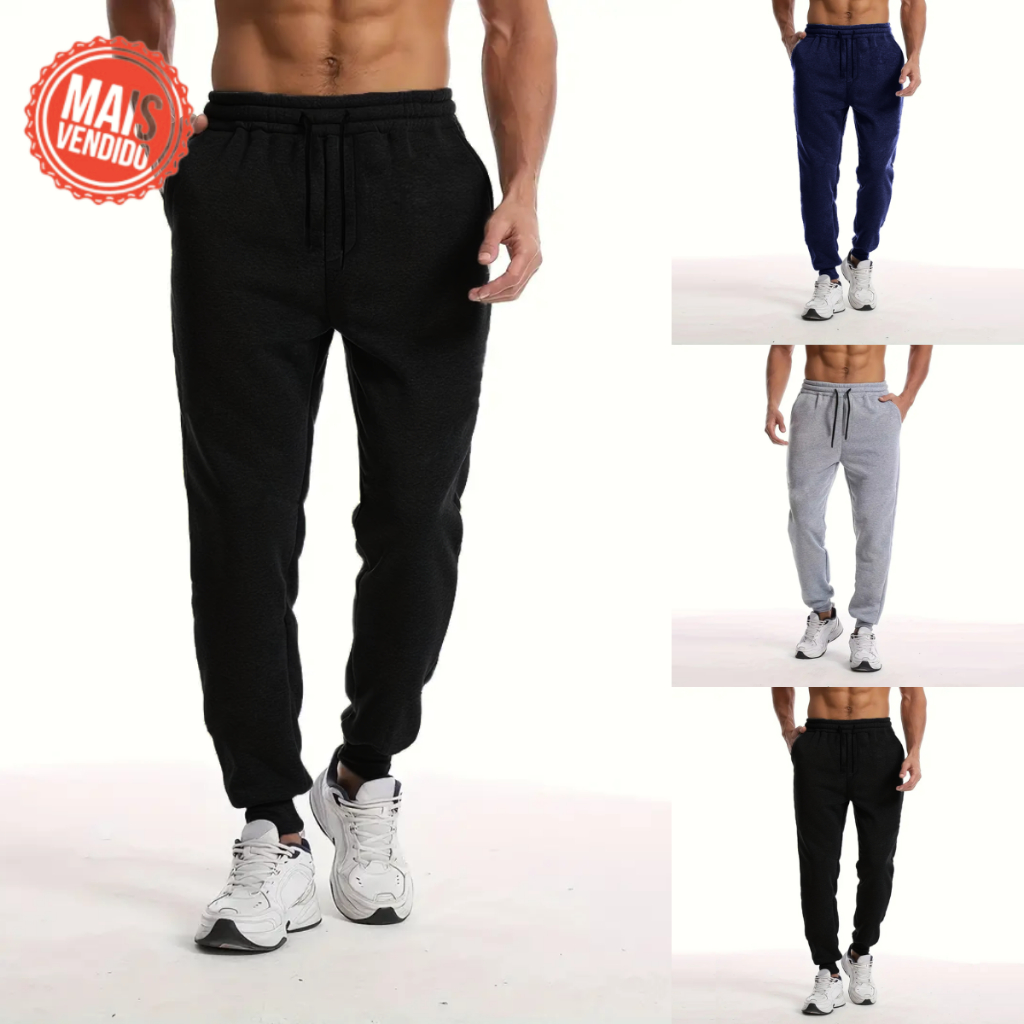 Calça De Moletom Ideal Para Inverno Jogger Masculina Tecido Peluciado Com Punho