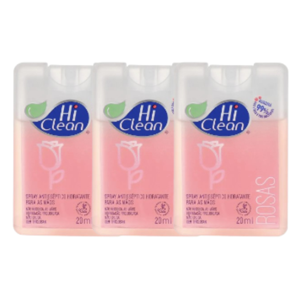 Kit 3 und - Spray Antisséptico para as Mãos Hi Clean Hidratante Rosas 20ml