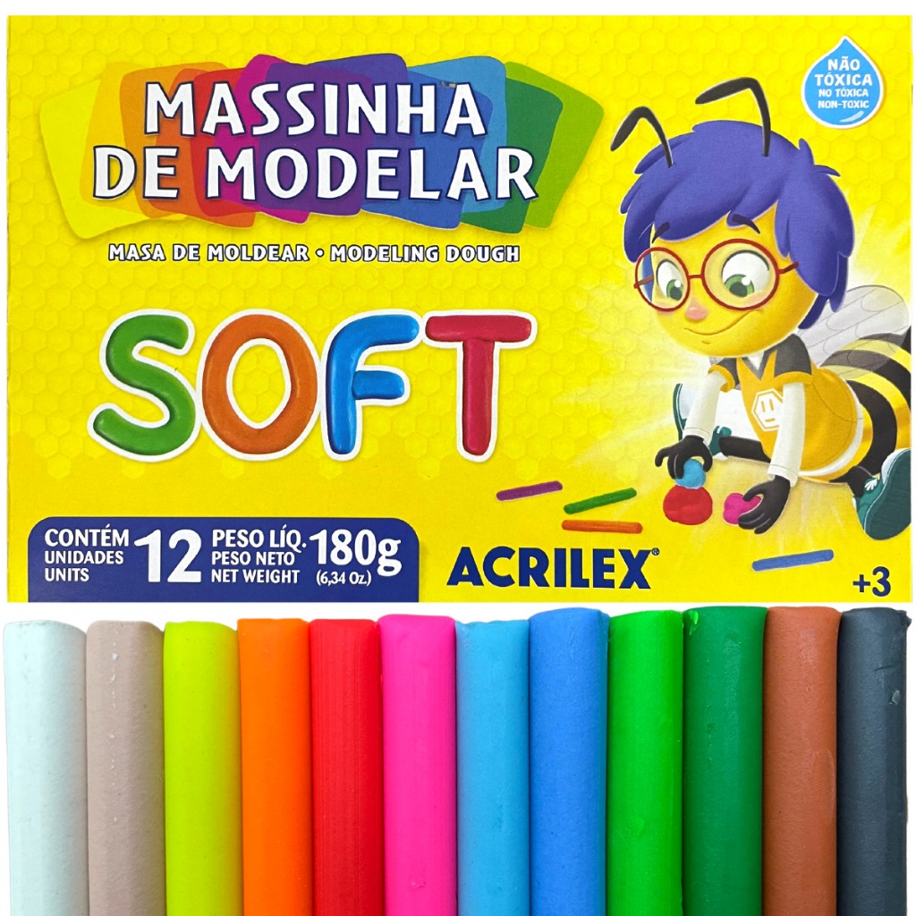 Massinha de Modelar Acrilex Kit 12 Cores Soft Infantil 180g | Shopee Brasil