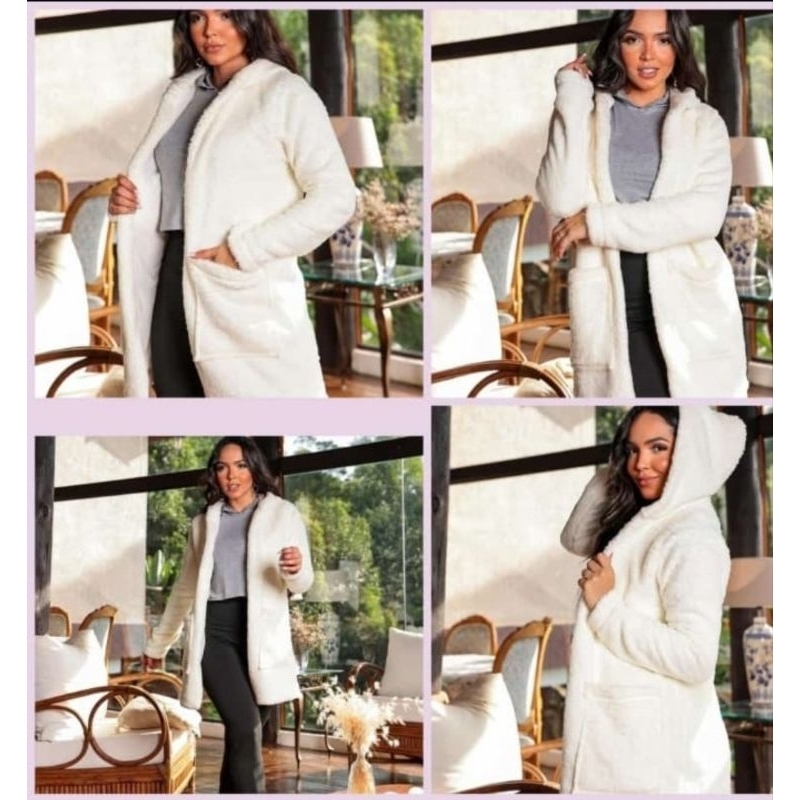 Acka. teddy loop coat / ホワイト Casaco Teddy Sherpa de Pelos Forrado Feminino Manga Longa com