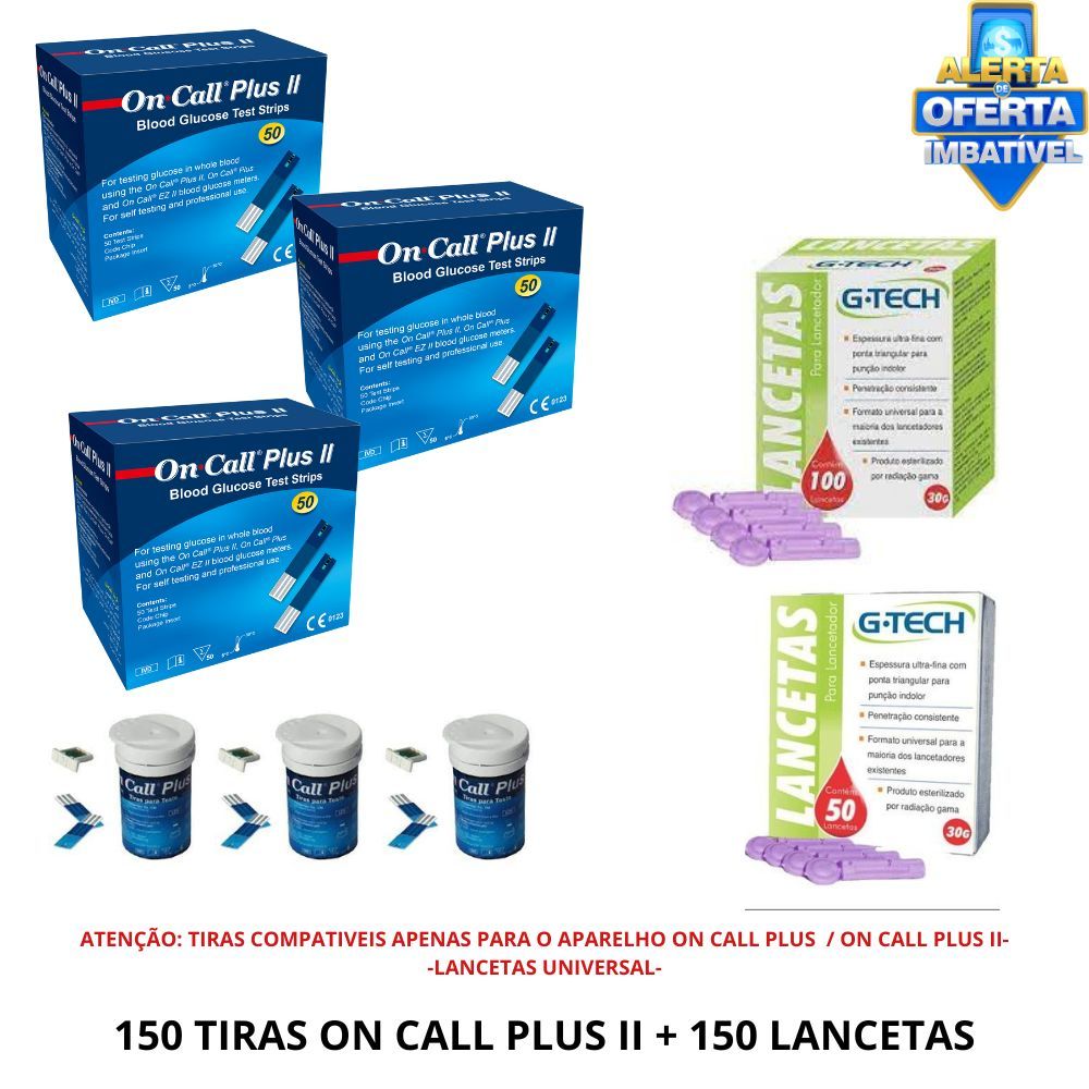 150 Tiras para Medição de Glicose ( 3 TUBETES ) - On Call Plus 2 +