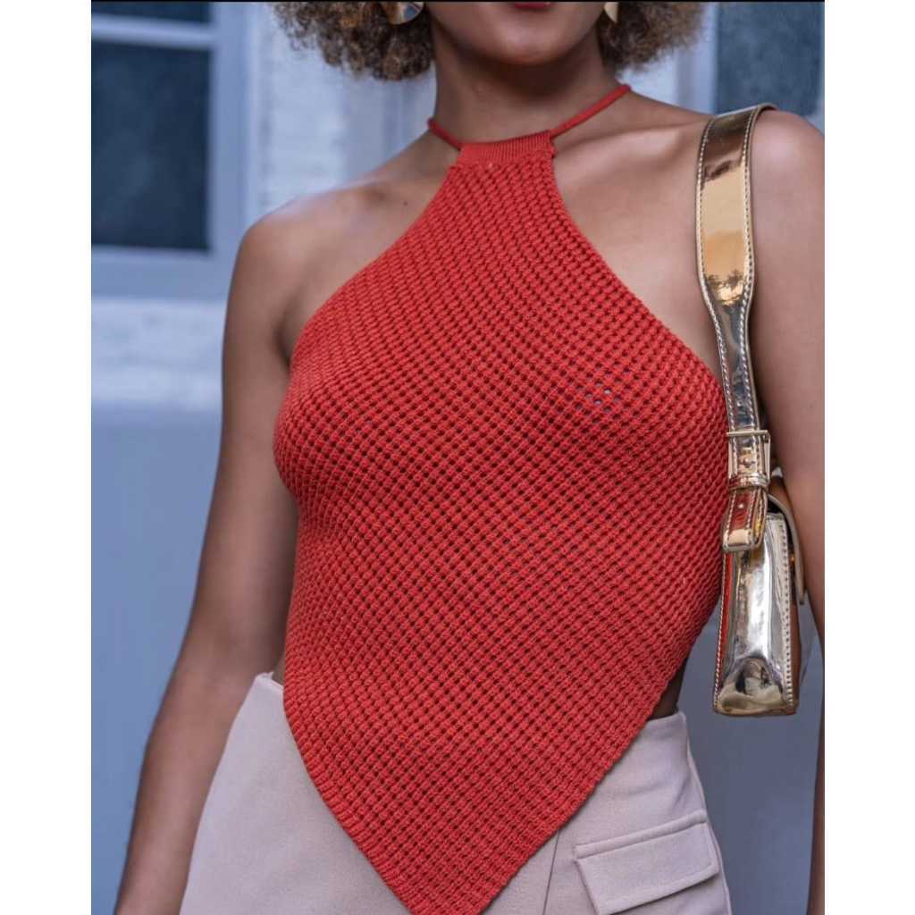 Top Cropped croche modal Terracota Amarração Frente Unica - Oferta de Atacado Pronta Entrega