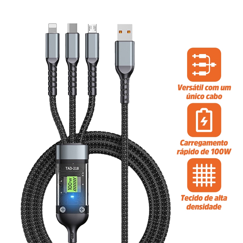 Cabo de dados de carregamento rápido de 100W Cabo de dados de saída de 3 interfaces