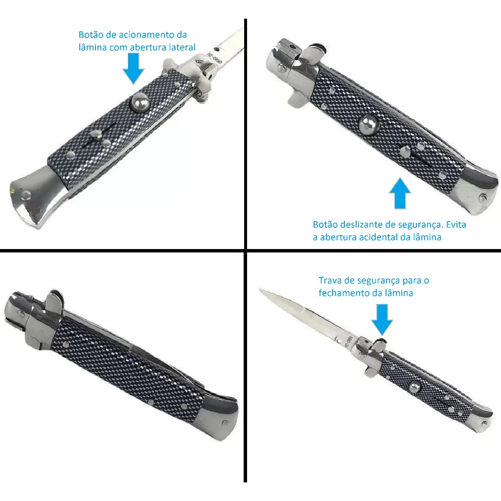 Canivete Abertura Lateral Automática Fechamento Manual com Trava de Segurança Stiletto Italiano Máfia Preto Xadrez Saque Rápido - HZ