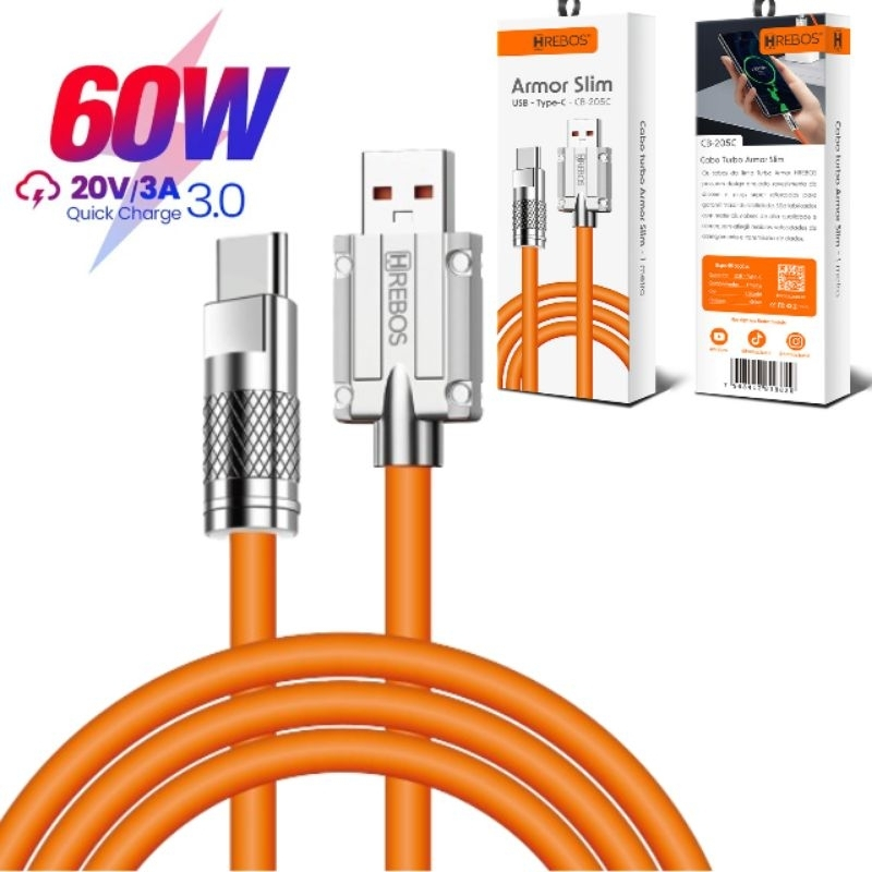 Cabo Carregador Turbo Tipo C e USB Reforçado com Pontas Metalizadas e comprimento de 1 metro