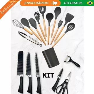 Kit 18 Peças Utensílios Cozinha Cabo Madeira e Silicone e Jogo de Facas Inox Preto Afiado