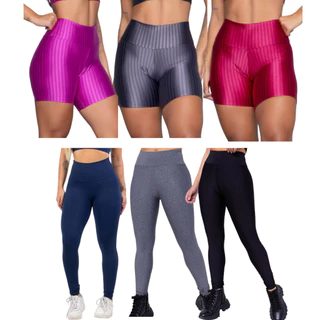 Kit 6 Legging 3 Shorts Legging Fitness Academia Modelo 3D + Kit 3 calças Legging Academia Cintura Alta