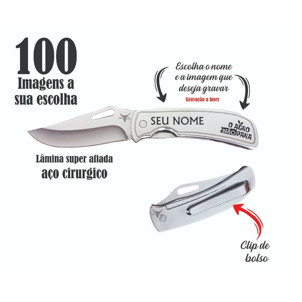 Canivete De Bolso Em Inox Monobloco Personalizado A Laser