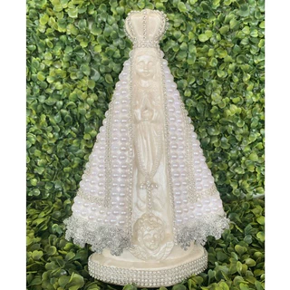 Nossa Senhora Aparecida 25cm Perola Branca e Strass Prata Decoração Casamento Cerimônia