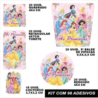 KIT COMBO FESTA INFANTIL 98 PEÇAS PERSONALIZADO AS PRINCESAS ADESIVO TAG ETIQUETA LEMBRANCINHA BALDE DE PIPOCA COPO SACOLA LATINHA MARMITINHA TUBETE CONVITINHO SO UM BOLINHO CONJUNTO COMPLETA ENTREGA RAPIDA CORES VIBRANTES E RECORTE PERFEITO