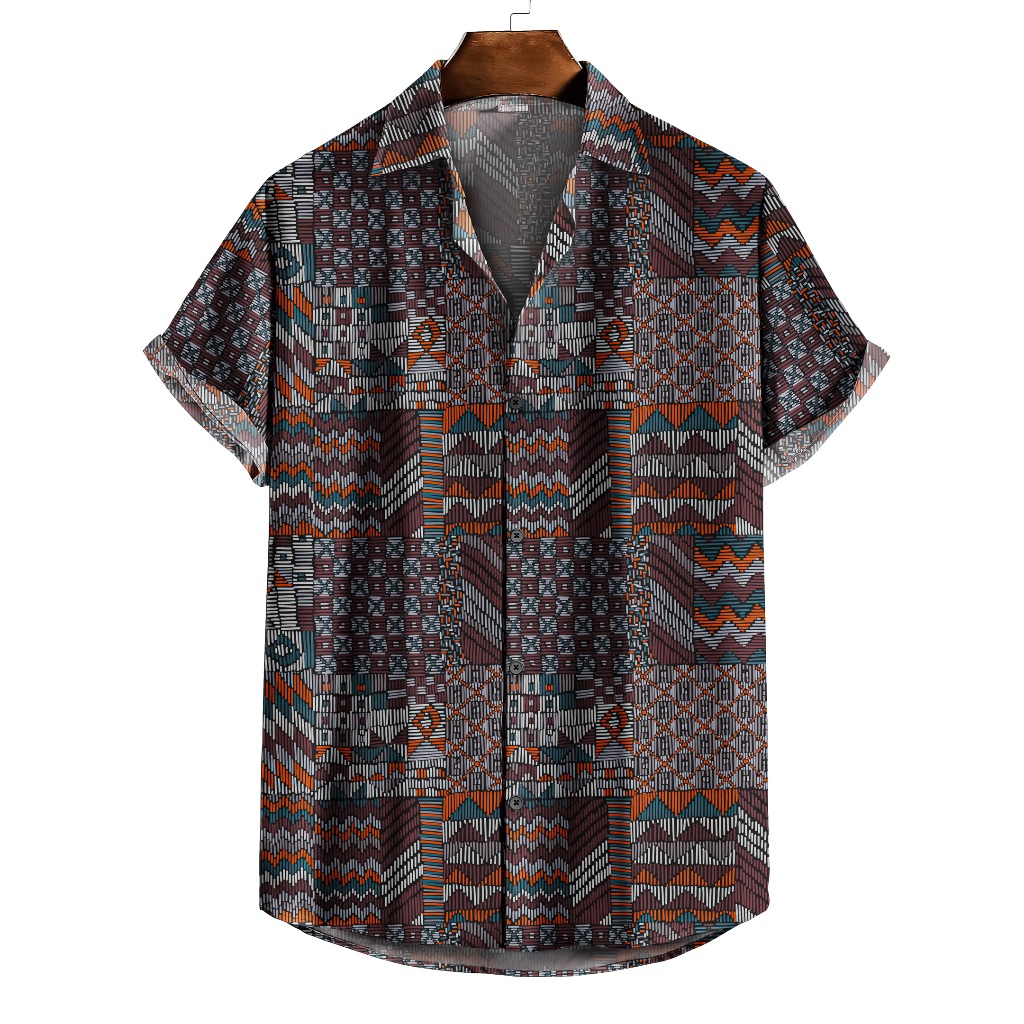 Camisa De Botão Estilo moderno Asteca listrado estilo africano, hawaii praia