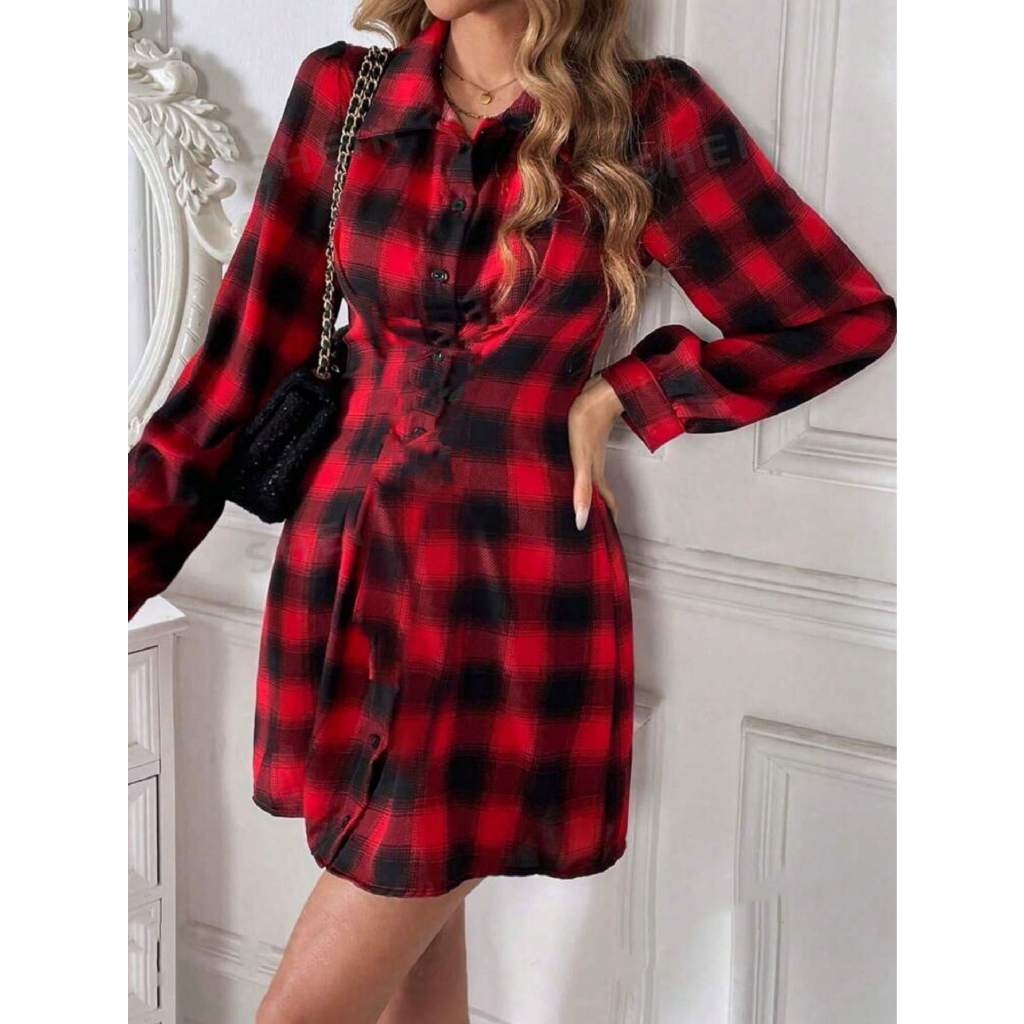 Vestido Chemise Xadrez Vestido Vermelho Xadrez Vestido Chamise