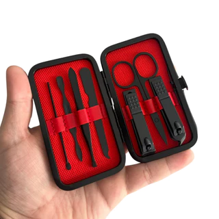 Kit Cortador de Unha Portátil em Aço Inox - Manicure Estojo Preto Masculino Cuticula Tesoura 7 Peças