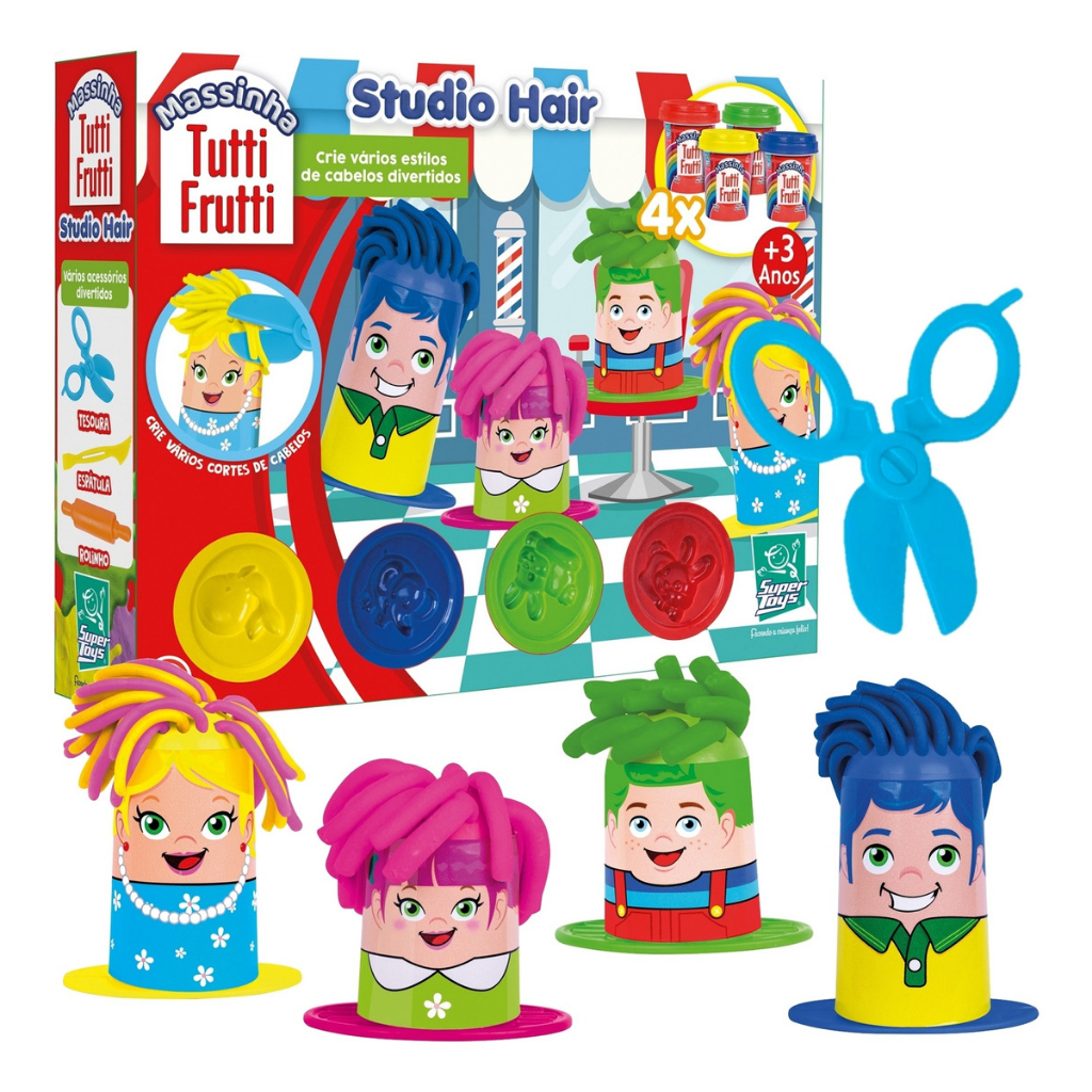 KIT MASSINHA CORTES DE CABELO STUDIO HAIR TUTTI FRUTTI SALÃO DE BELEZA COM 4 BONEQUINHOS
