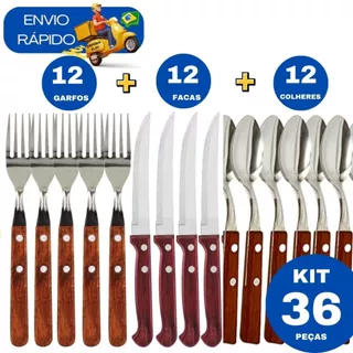 Kit 36 Peças Jogo de Talher 12 Colher 12 Garfo 12 Faca de Inox com Cabo de Madeira Faqueiro Jogo Conjunto