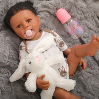 Brastoy Bebê Reborn Boneca Menina Negra Coelho Silicone 55cm
