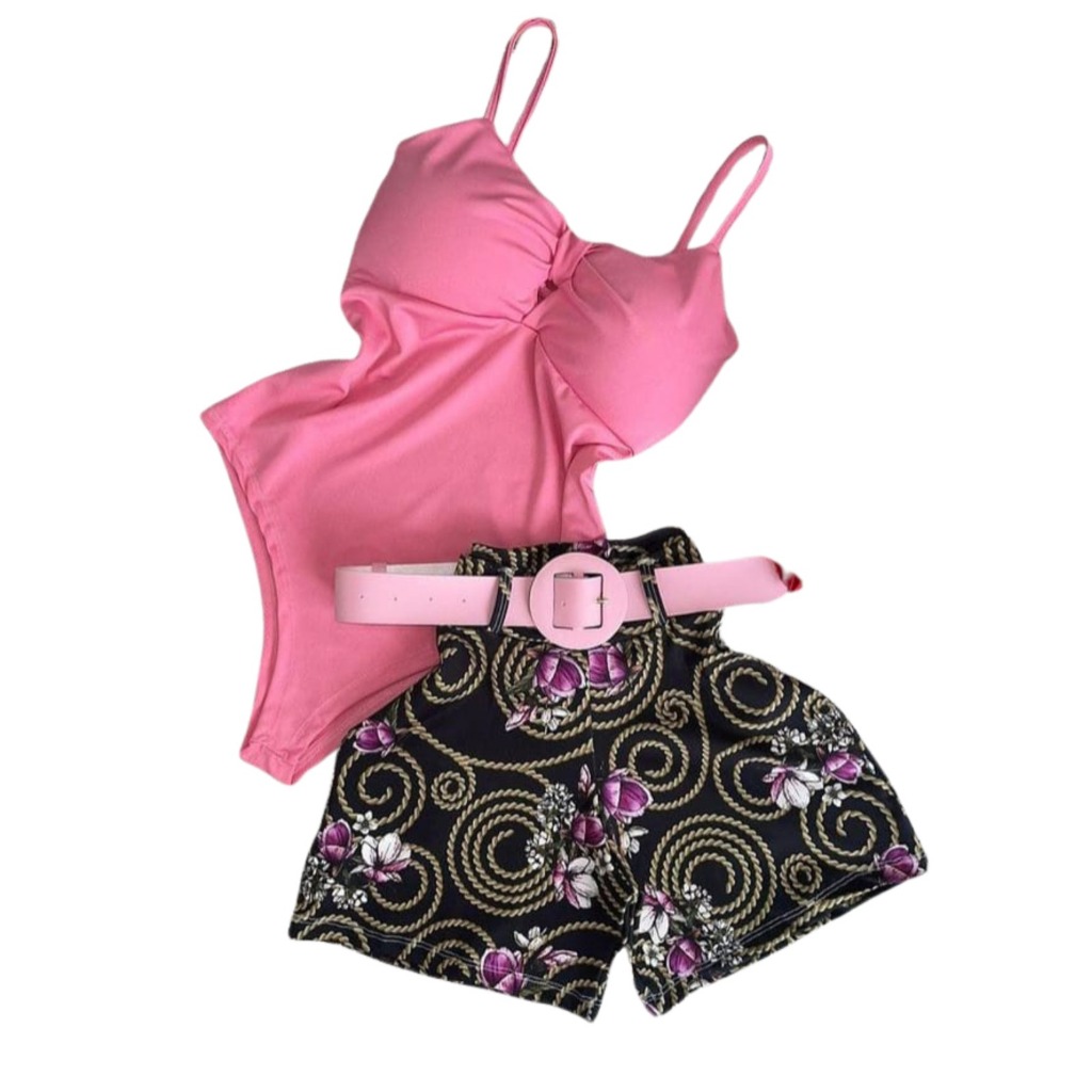 Conjunto Body de Alcinha com Short e Cinto Feminino 3 Peças. Bori de Alça e Bojo. Conjuntinho Feminino de Malha