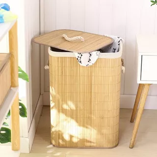 Cesto De Roupa Suja Bambu Dobravel Organizador Forrado Banheiro 57cm Cesto Retangular com Alça Cesto Organizador Brinquedo Quarto Banheiro