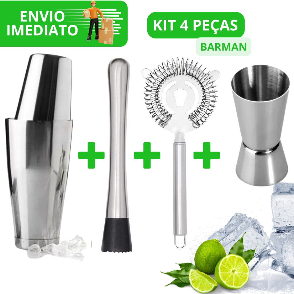Kit Barman Profissional 4 Peças Coqueteleira 820ml Dosador 50/25ml ...
