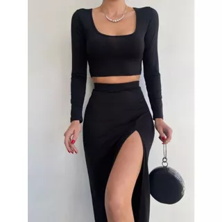 Conjunto Feminino Cropped Decote Quadrado e Saia Longa Fenda Tendência Look Completo All Black Chic Pinterest Blogueira Promoção Envio Imediato