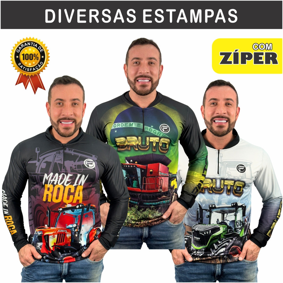Camisa Camiseta Agro c/ Zíper Masculino UV Brasil Agropecuária Bruto Trator Blusa Proteção UV - Lançamento 2024