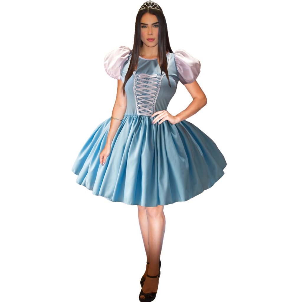 Fantasia Princesa Cinderela Curta Modelo Novo Adulto Cosplay