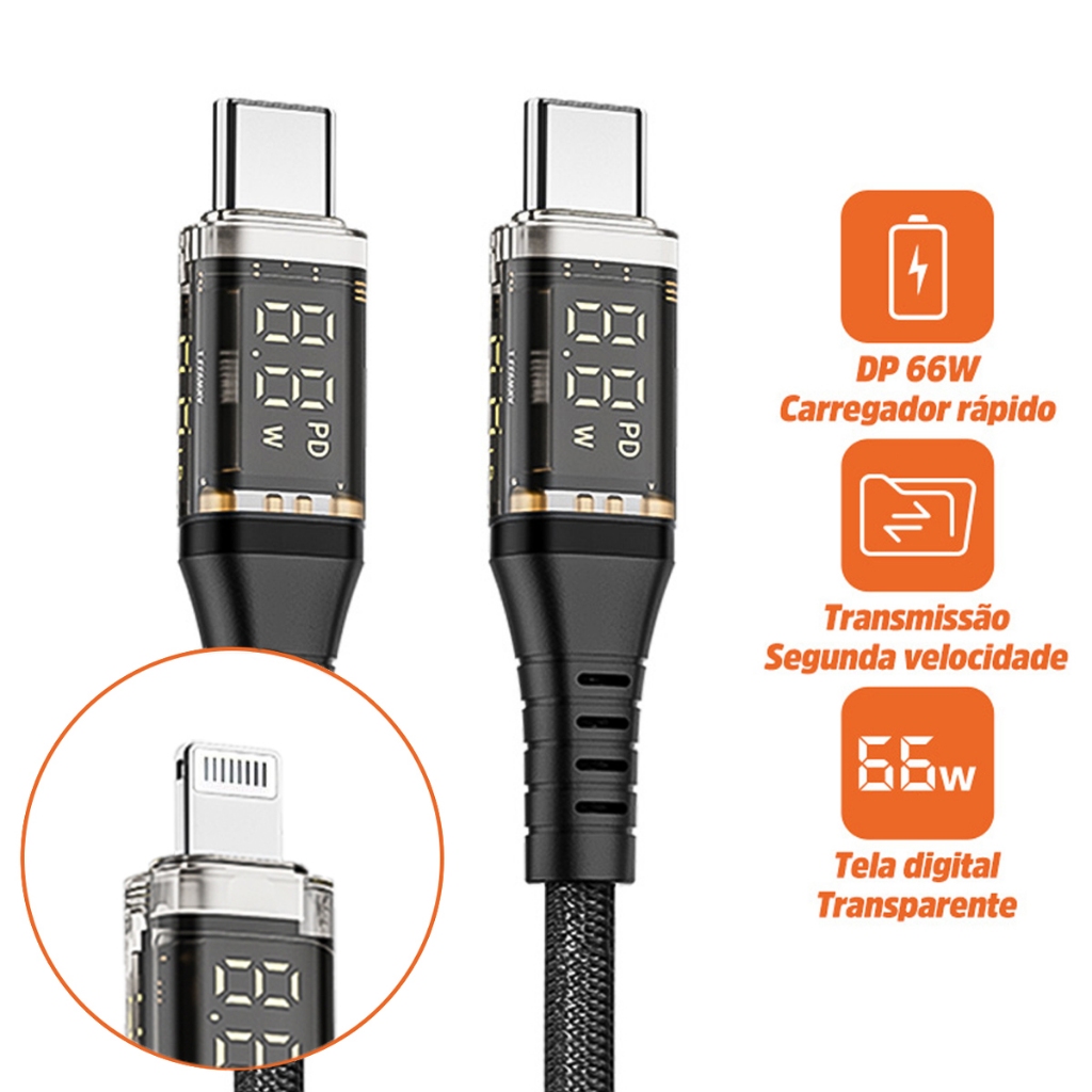 Cabo Carregador Dados, PD66W Carregamento Rápido, Tipo C para Lightning / Tipo C para Tipo C, com Visor de Potência, para Apple iPhone, Xiaomi, Samaung, 1.2M