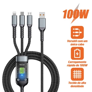 Transparente Cabo Carregador, 100W Carregamento Rápido, 3 em 1, Micro USB / V8, Tipo C, Lightning / I6 para iPhone, Samsung, Huawei, Xiaomi