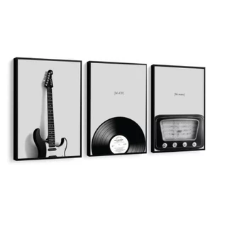 Quadro decorativo radio vinil guitarra musica artisticos 3 peças sala quarto cozinha e escritorio decoraçao