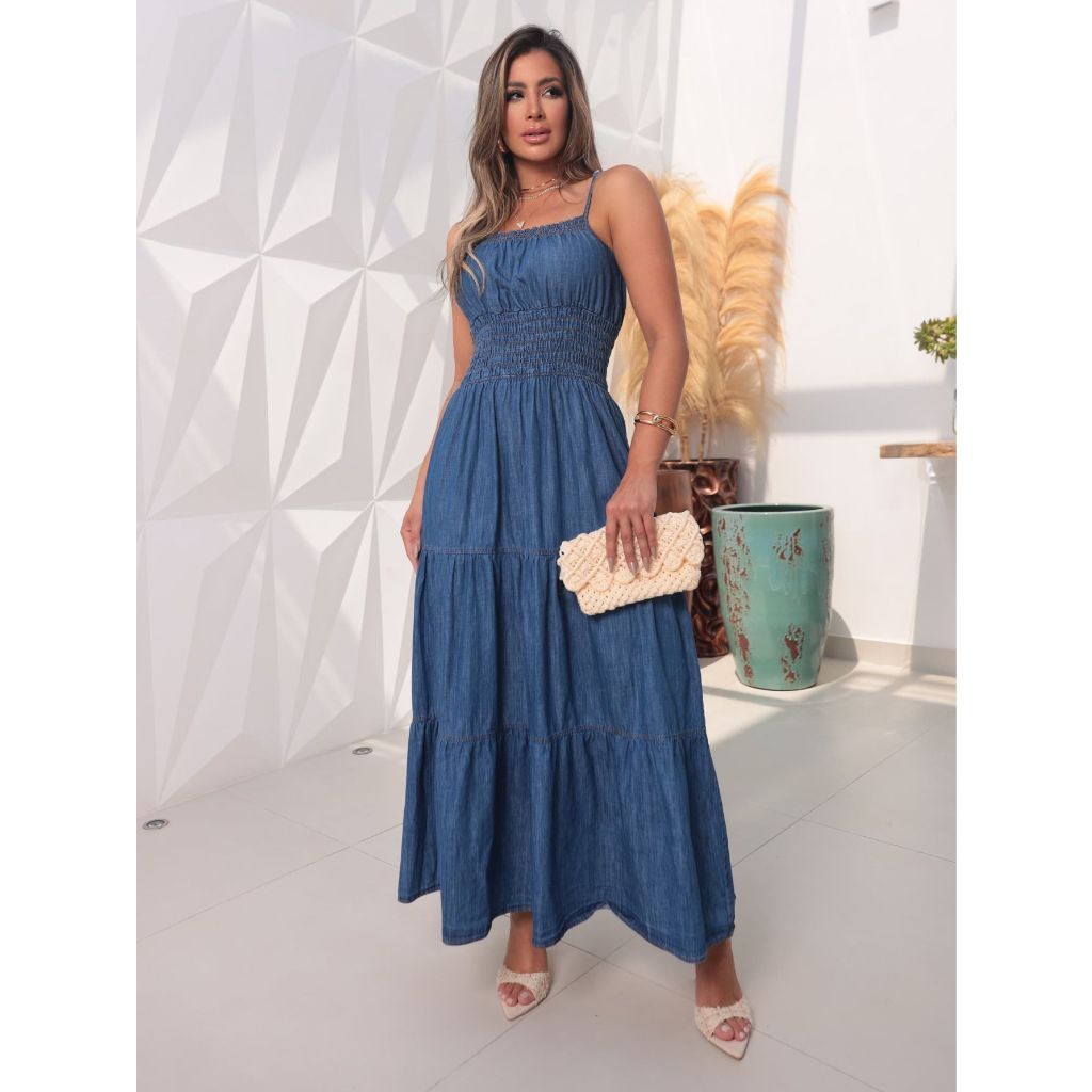 Vestido Jeans Longo De Alça Fina Regulavel Com Lastex