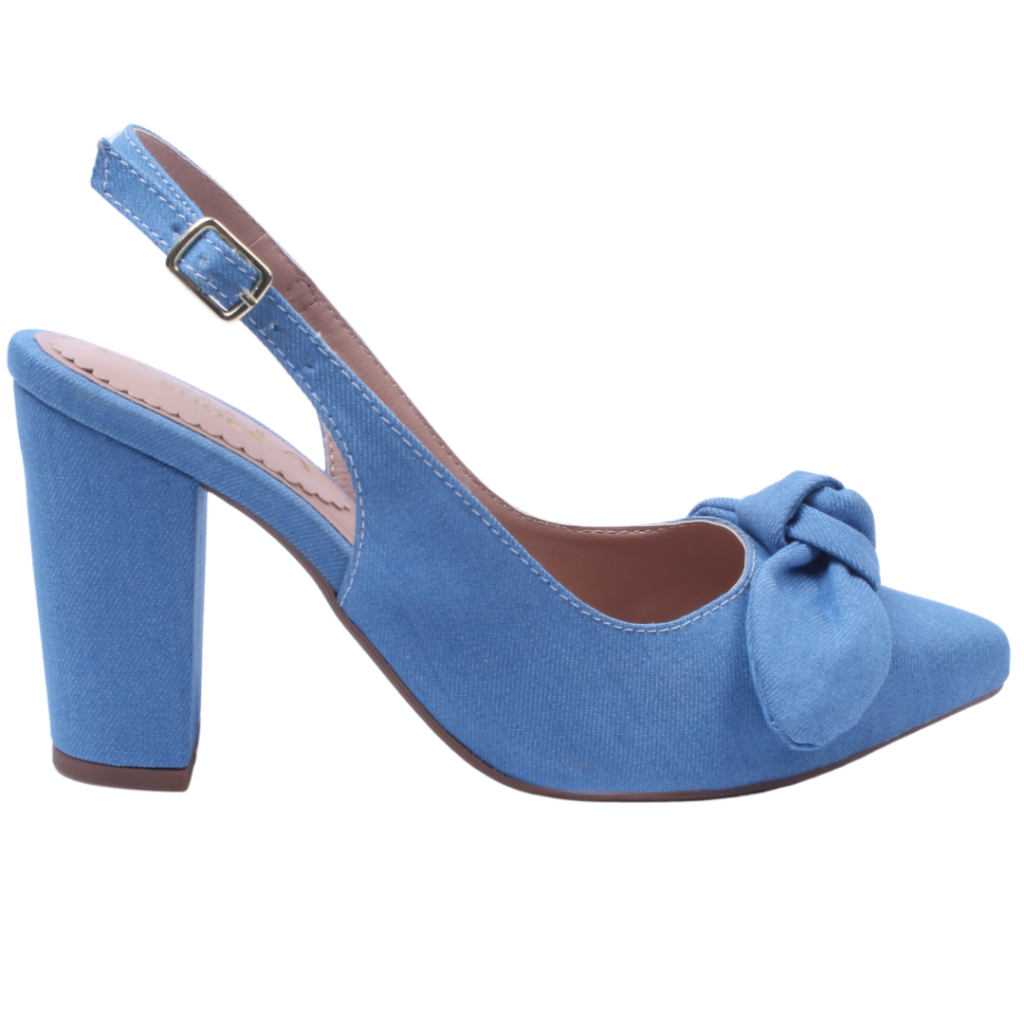 Sandália Feminina Scarpin Bico Fino Salto Grosso Confortável Laço Jeans ...