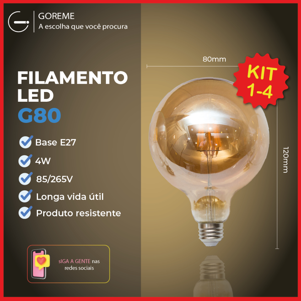 Lâmpada Filamento LED G80 4W E27 LUZ QUENTE (AMARELO) Âmbar Retrô Vintage 110V~220V | Bivolt