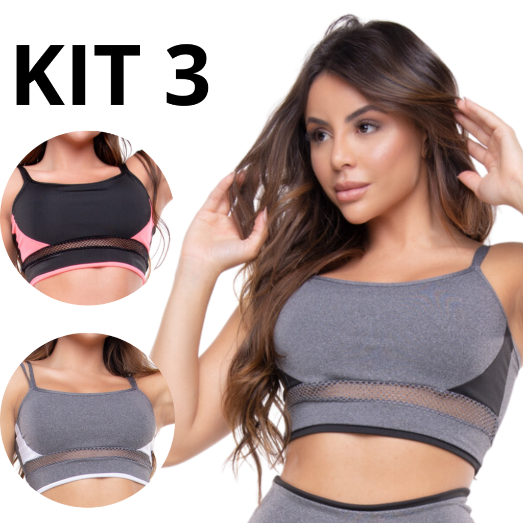 Kit 3 Top de Ginástica Feminino Detalhe em Tela Roupa Academia Crossfit