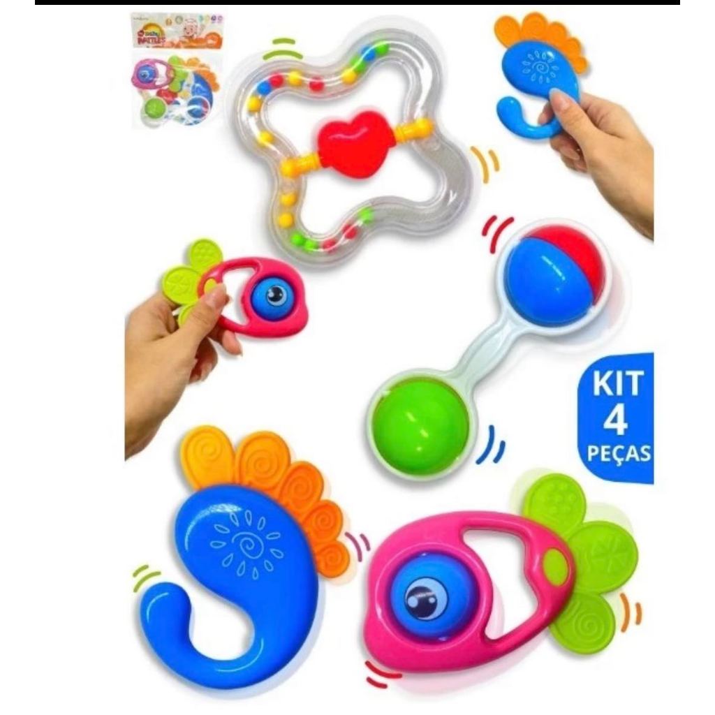 Top toyBrinquedos Para Bebê Kit com 4 pçs Chocalho + Mordedor Macio Colorido