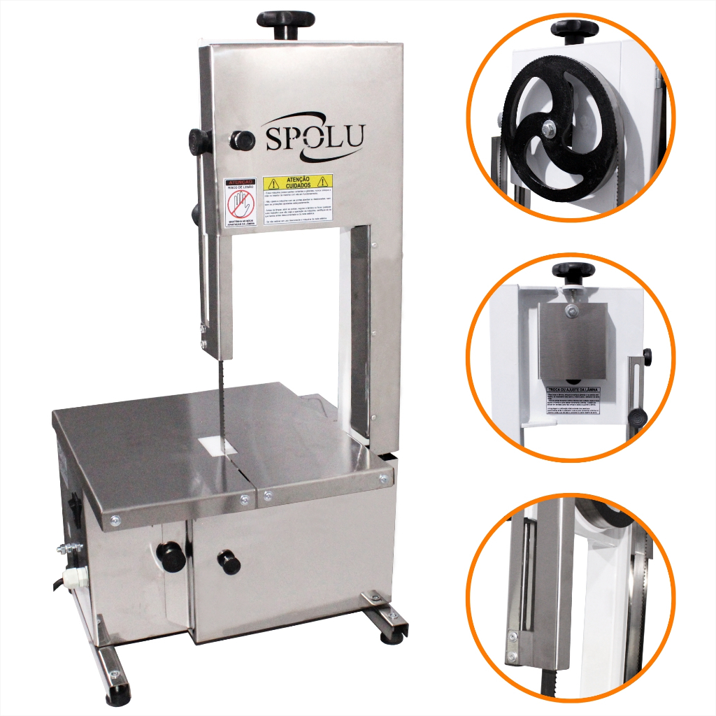 Serra Fita Bancada Mesa Aço Inox Maquina Cortar Carne Frango Peixe Porco Profissional 1,46m Serrar Osso Congelados Spolu