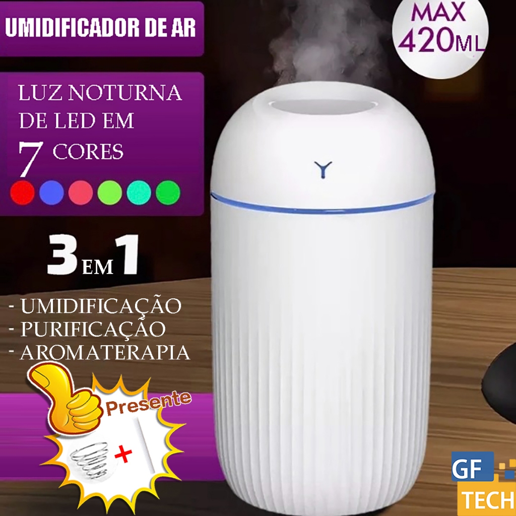 Umidificador De Ar E Difusor Aromatizador De Ambiente 420ml Bivolt Ultrassônico Eletrico Com Luz Noturna Colorida Para Quarto Carro Infantil UM026