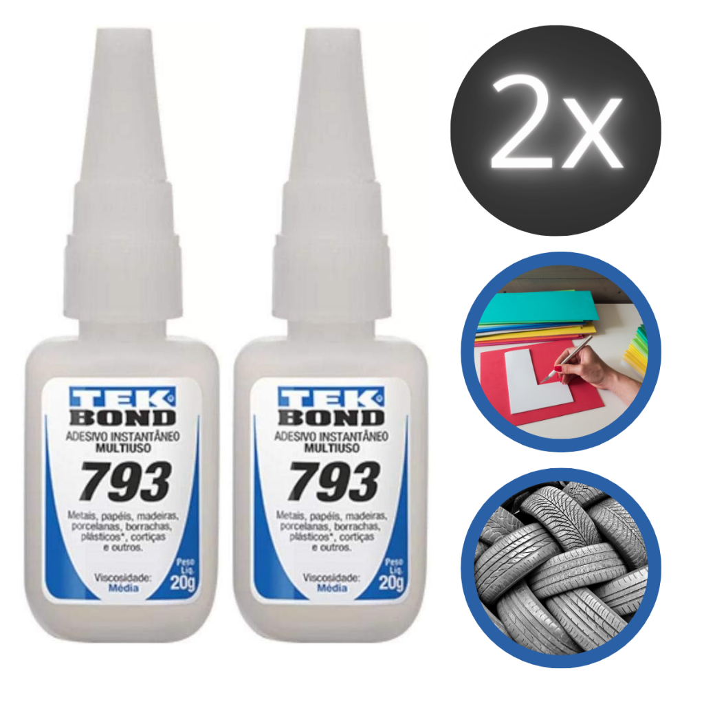 2 Cola Adesivo Instantâneo Forte TekBond 793 20g com Bico Fino Colagem Rápida e Precisa