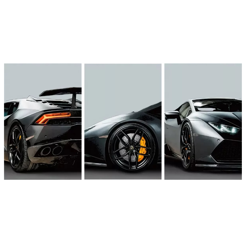 Quadro decorativo carro esportivo lamborghini realista 3 peças sala quarto cozinha e escritorio decoraçao