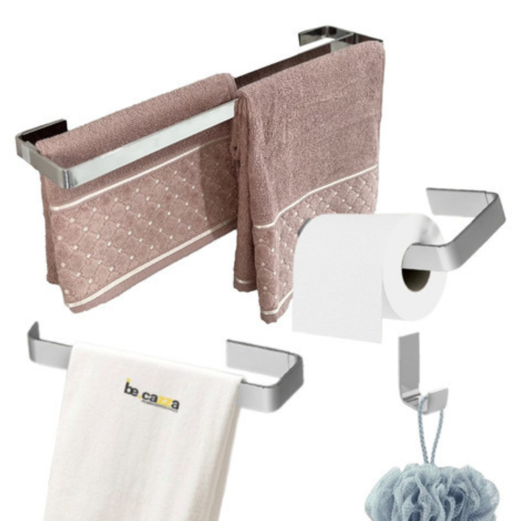 Kit Acessórios Banheiro Suporte Toalhas Duplo Cromado Quadrado Alumínio / Inox Luxo 4 Peças