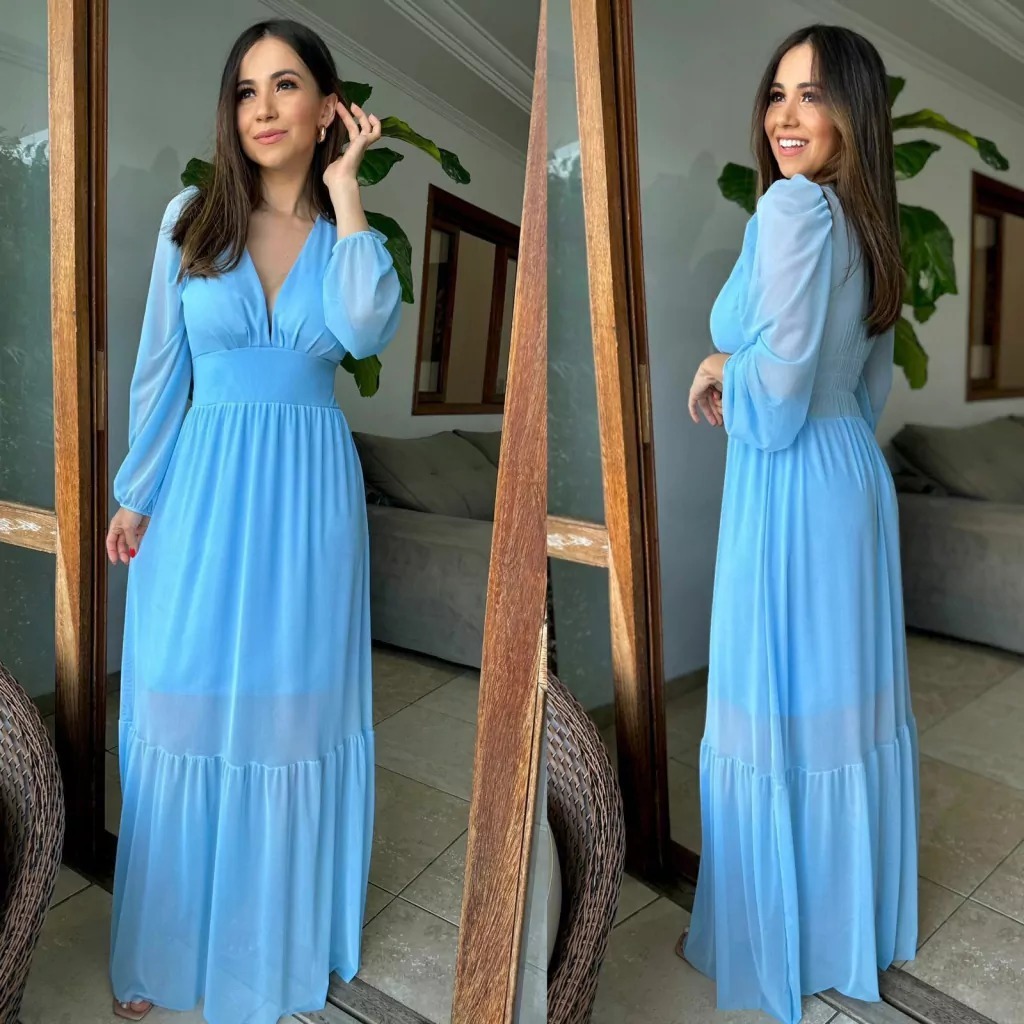 Vestido Selma Em Tule Manga Longa Com Bojo Para Chá De Bebe Azul
