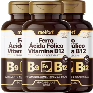 3 x Ácido Fólico + Ferro + Vitamina B12 180 Cápsulas
