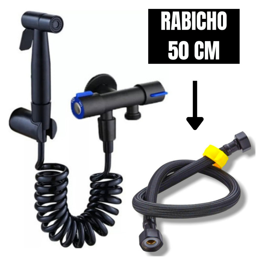 Kit Ducha Higiênica Preta Fosca Luxuosa + Rabicho 50 Cm Vaso Sanitário Banheiro Íntimo